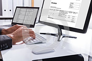 Businessperson Checking Invoice On Computer