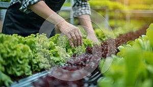 Businessperson or farmer checking hydroponic soilless vegetable in nursery farm. photo