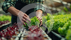 Businessperson or farmer checking hydroponic soilless vegetable in nursery farm.