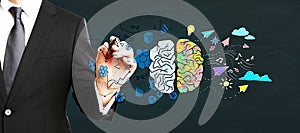 Businessperson hand drawing creative colorful brain sketch on wall background. Brainstorm, left and right human brain concept