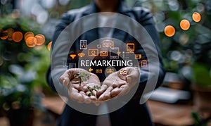 Businessperson Holding Digital Hologram of Remarketing Text Over Blurred Background Representing Modern Rebranding Marketing