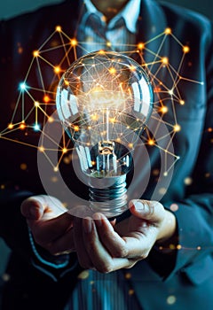 Businessperson Holding a Glowing Light Bulb With Digital Network Connections