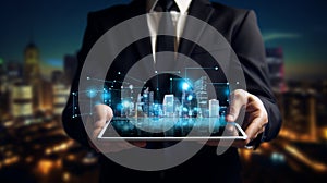 Businessperson holding tablet with city icons on it, in the style of planar art, nightscapes, night photography