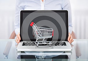 Businessperson with shopping cart and laptop