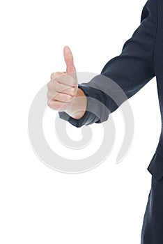 Businessperson, thumbs up and agreement in studio, sign and approval emoji by white background. Professional, employee