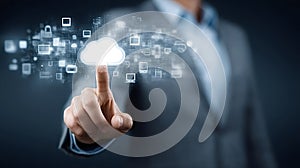 Businessperson touching cloud computing interface with data network