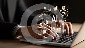 AI Integration: Businessman Using Laptop with AI Interface