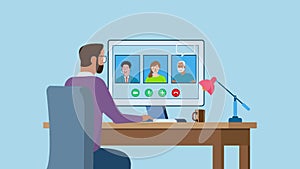 A businessperson is videoconferencing to discuss planning while working from home. 2D Animation