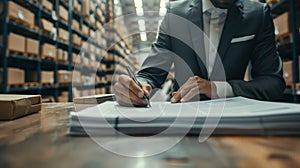 The businessperson in warehouse.AI generated image