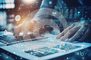 Businessperson working with data visualization on a laptop