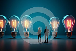 Businesspersons stand, examining illuminated bulbs against azure background