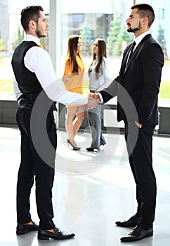 Businesss and office concept - two businessmen shaking hands