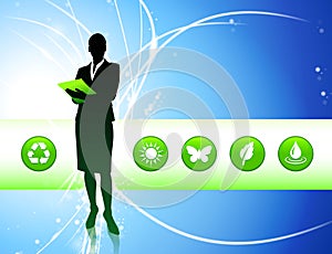 Businesswoman on Abstract Light Background with Buttons