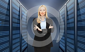Businesswoman or admin over server room background