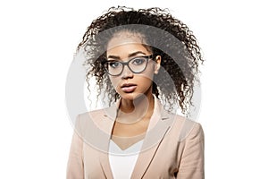 Businesswoman. African American Woman in business or teacher on a white background. Girl in a strict suit and glasses