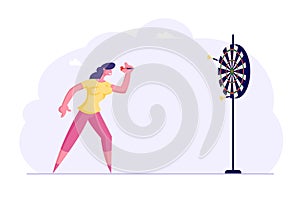 Businesswoman Aiming Darts to Target Trying to Get in Center. Business Goals Achievement, Persistence Aim Mission