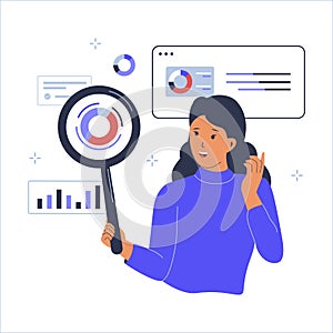 Businesswoman analyst holding magnifying glass analyze graph and chart
