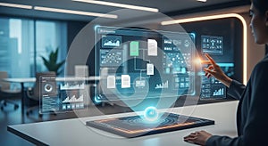 Businesswoman analyzing AI data on futuristic touch screen interface