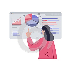 Businesswoman analyzing data with charts in flat vector illustration