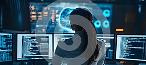 Businesswoman Analyzing Data on Computer Screens in a Modern Office