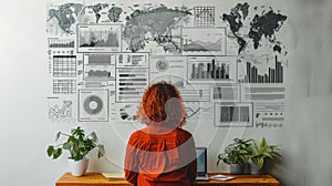 Businesswoman Analyzing Data on Wall with Laptop in Modern Office