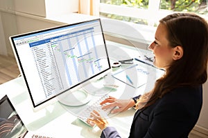 Businesswoman Analyzing Gantt Chart On Computer