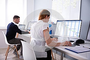 Businesswoman Analyzing Gantt Chart On Desktop