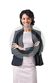 Businesswoman, arms crossed and portrait smile in studio as confident professional worker, mockup on white background