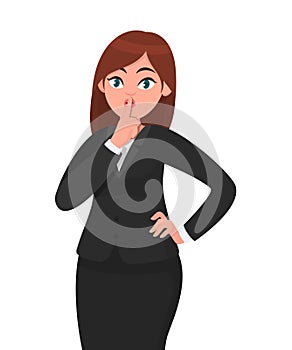 Businesswoman asking silence please. Keep quiet! Quiet please! Woman in formal black suit closed her mouth with index finger.