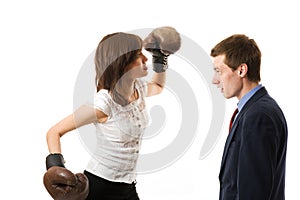 Businesswoman attacks businessman.