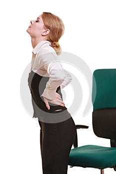 Businesswoman with backache back pain isolated