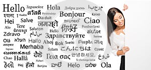 Businesswoman on a background of different languages photo