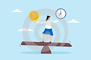 Businesswoman balances dollar coin and clock on seesaw, illustrating balancing time and money. Concept of equilibrium between work
