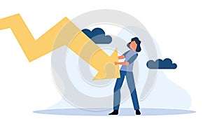 Businesswoman bankrupt recession loss business vector concept illustration. Woman pushed red arrow downward. Failure pressure