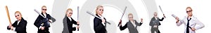 The businesswoman with baseball bat on white