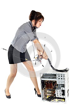 Businesswoman beating computer