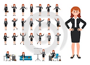 Businesswoman in black suit cartoon character. Vector illustration of female working in office.