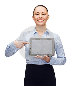Businesswoman with blank black tablet pc screen