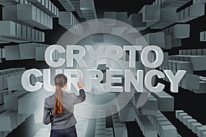 The businesswoman in blockchain cryptocurrency concept