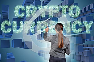 The businesswoman in blockchain cryptocurrency concept