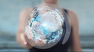 Businesswoman using digital triangle exploding sphere hologram 3