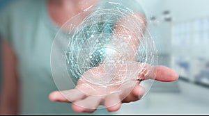 Businesswoman using digital triangle exploding sphere hologram 3