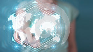 Businesswoman using digital world map interface 3D rendering