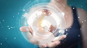 Businesswoman using digital world map interface 3D rendering