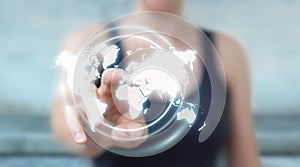 Businesswoman using digital world map interface 3D rendering