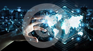 Businesswoman using digital world map interface 3D rendering