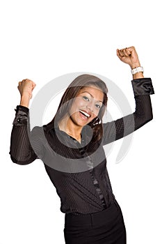 businesswoman with both arms up high,