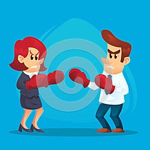 Businesswoman in boxing gloves fighting against businessman. Business competition concept. Vector flat cartoon illustration