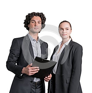 Businesswoman and businessman in formal wears dreaming about future career prospects. Clipboard with papers or contract. Business