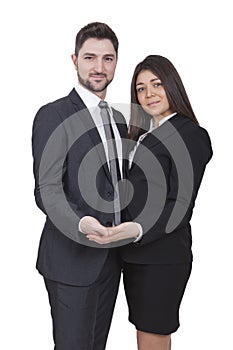 Businesswoman and businessman holding something in their hands